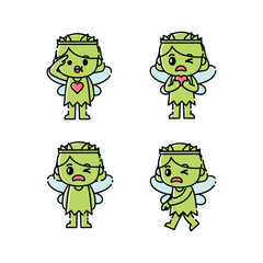 Cartoon green angels showing different emotions with copy space