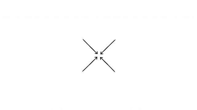Diagonal arrows pointing to center hand-drawn sketch animation. Focus inward to shared centralization. Animated doodle direction. Scribble pointers. Ink freehand symbols 4K video on transparent