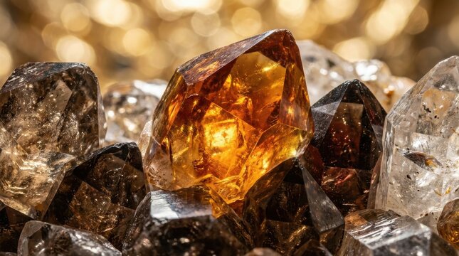 Orange citrine crystal cluster surrounded by smoky quartz stones with golden bokeh lights