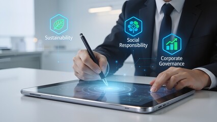 Businessman using tablet with sustainability icons