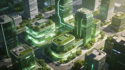 Futuristic green cityscape with illuminated buildings