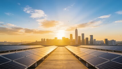 Solar panels in city skyline at sunset