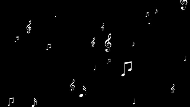 musical notes flying alpha channel animation, white notas music and song play isolated overlay social media motion design element