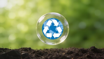 Recycling symbol in bubble on soil