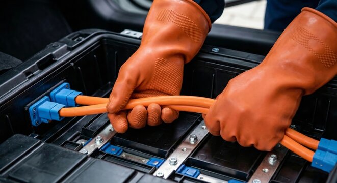 Electric car technician repairs high voltage battery pack wearing safety gloves in garage workshop