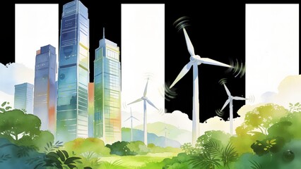 Wind turbines and skyscrapers in green city