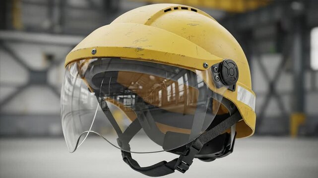 Yellow Hard Hat with Clear Visor in Industrial Warehouse