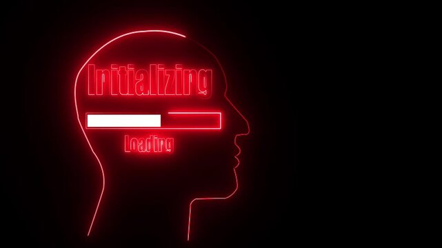 Red neon outline of a human head profile with the word Initializing and a loading bar inside glowing