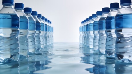 Rows of water bottles on reflective surface