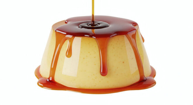 Creamy Brazilian pudim flan with caramel sauce dripping on topIsolated on White background
