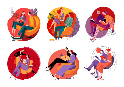 Couples reading books cartoon vector set. Man woman sitting inside armchairs retro lounge furniture vintage literature writers poets characters mid century library lovers isolated scenes on white