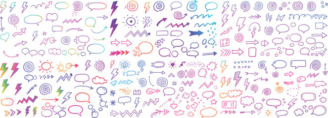 Colorful illustration of various doodle elements including arrows, speech bubbles, and symbols.