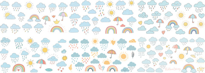 Colorful illustrations of weather elements, including rainbows, clouds, and umbrellas in a playful design.