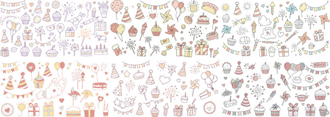 Colorful party-themed doodles featuring balloons, cakes, and gifts in a playful aesthetic.