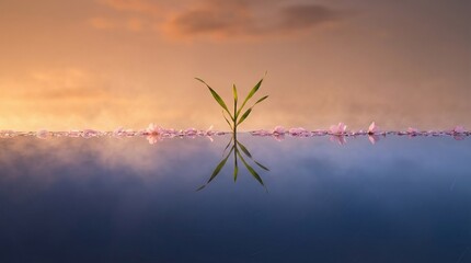 Isolated green plant growing in calm water at sunset  