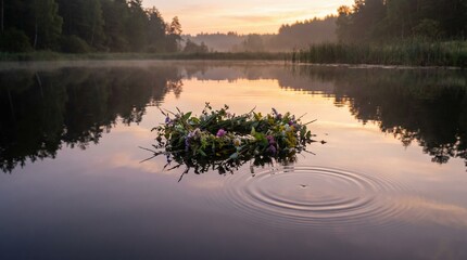 Floral wreath floating on calm water at sunrise in peaceful landscape  