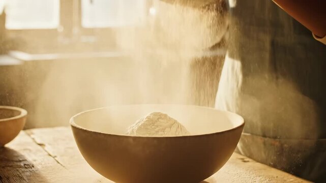 Baker sifting flour into a bowl for baking preparation.