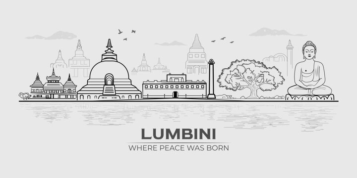 Lumbini Sacred Skyline Line Art Minimal Nepal Heritage Landmark Illustration