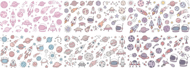 Colorful space-themed illustrations featuring planets, rockets, and stars in a whimsical design.