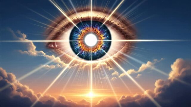 Cosmic Eye in Sky, Rays of Light, Divine Vision, Spiritual Awakening, Surreal Concept