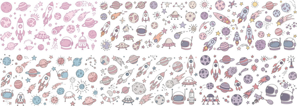Colorful space-themed illustrations featuring planets, rockets, and stars in a whimsical design.