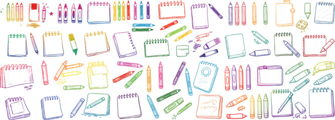 Colorful stationery with notebooks and crayons in various styles and colors, perfect for inspiration.