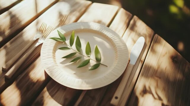 Overhead view of a natural-themed table setting, featuring plate with foliage, cutlery, and wooden table