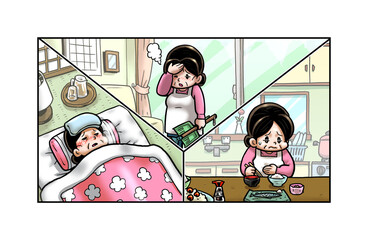 体調を崩し苦しむ主婦のイラスト：寝込む・めまい・食欲不振