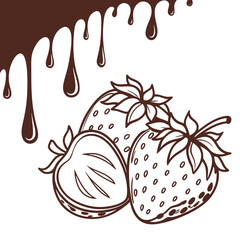 A minimalist, two-tone illustration featuring chocolate and strawberries.