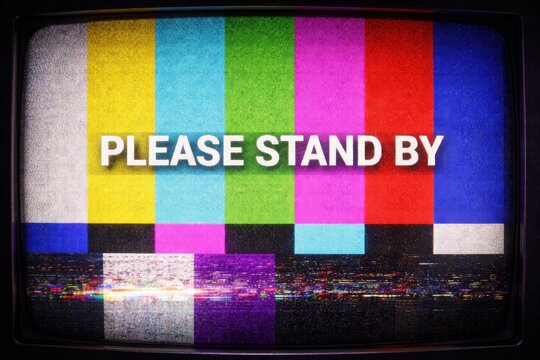 Vintage television screen test pattern with please stand by message and static noise