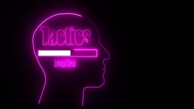 Pink Neon Outline Of Human Head Silhouette With Loading Bar And Tactics Text image photo