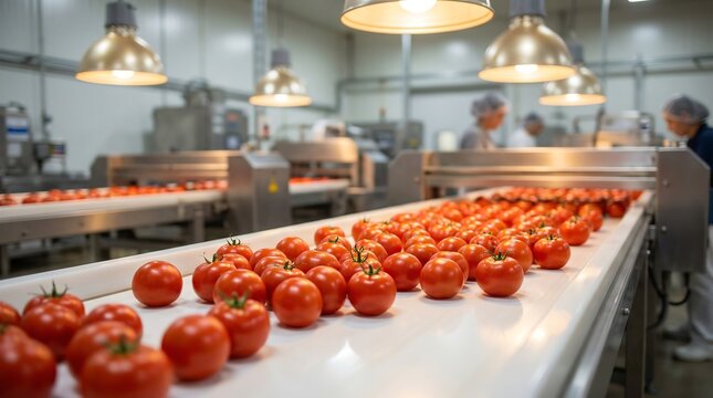 A broad perspective of fresh, ripe red tomatoes on multiple parallel conveyor belts within a large, well-lit food processing factory, demonstrating efficient automated sorting.