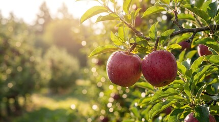A pair of vibrant red apples, still dewy from a morning shower, are hanging beautifully on a branch in a sunny orchard.
