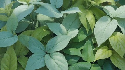 Botanical background of overlapping spring leaves, fresh green tones, soft natural lighting, crisp focus, organic texture