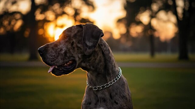 Majestic Harlequin Great Dane Dog with Chain Collar Outdoors at Sunset