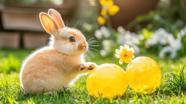 Adorable bunny with two yellow eggs on green grass, next to flowers, sunshine in background