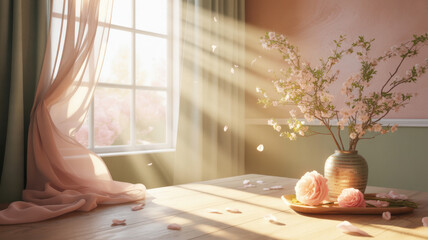 Spring interior scene with sunlight streaming through a window, sheer white curtains gently blowing, soft floral elements, warm pastel color palette