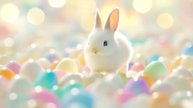 Adorable white bunny sits amidst colorful Easter eggs, with bokeh background