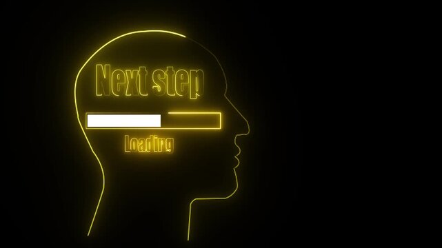 Yellow Neon Outline Human Head Silhouette With Next Step Loading Bar On Black Background progress