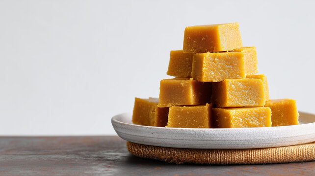 A stack of rich, golden-yellow Mysore Pak pieces made from gram flour, ghee, and sugar, served on a white plate.