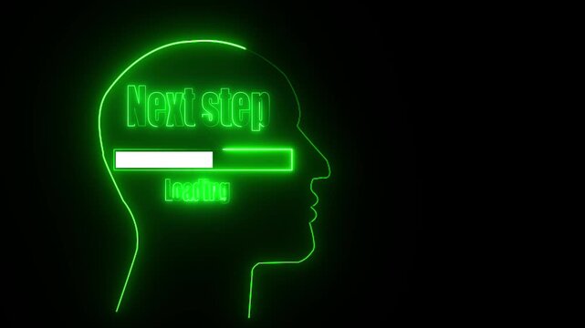 Green Neon Outline Human Head Silhouette With Next Step Loading Bar On Black Background progress