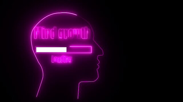 Neon pink outline of a human head silhouette with the word Mind growth and a loading bar inside profile
