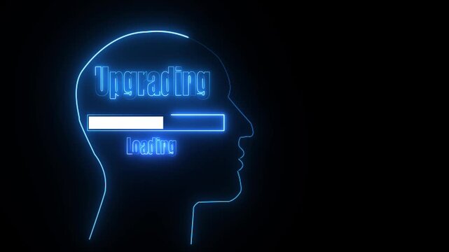Neon blue outline of a human head profile with " Upgrading" and " Loading" text and a progress bar inside on a black background