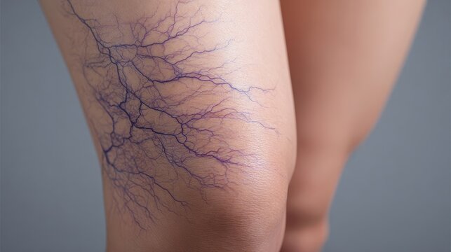 Close up of a human knee with visible varicose veins and branching blue vascular network under the skin, medical concept of vein disease and circulation problems.