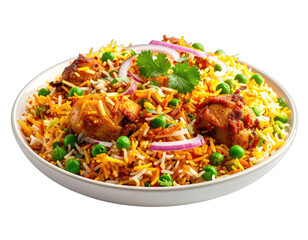 Fototapeta premium Flavorful chicken and pea rice dish topped with fresh onion and cilantro