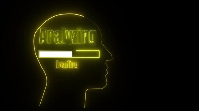 Yellow neon outline of a human head profile with analyzing and loading bar inside image photo