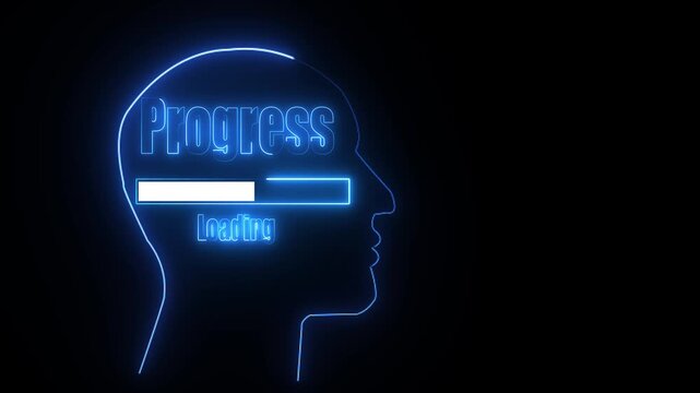 Blue neon outline of a human head with the word Progress and a loading bar inside progress bar
