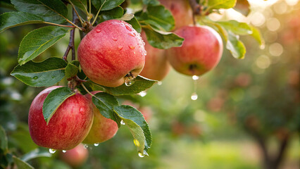 Closeup of ripe apples on a tree branch with water droplets glistening © Fx Studio