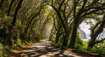 Fototapeta premium A serene road lined with lush green trees and vibrant vegetation stretches towards a distant body of water under a bright sky
