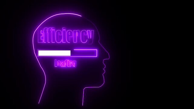 Purple neon outline of a human head with the word Efficiency and a loading bar inside progress bar